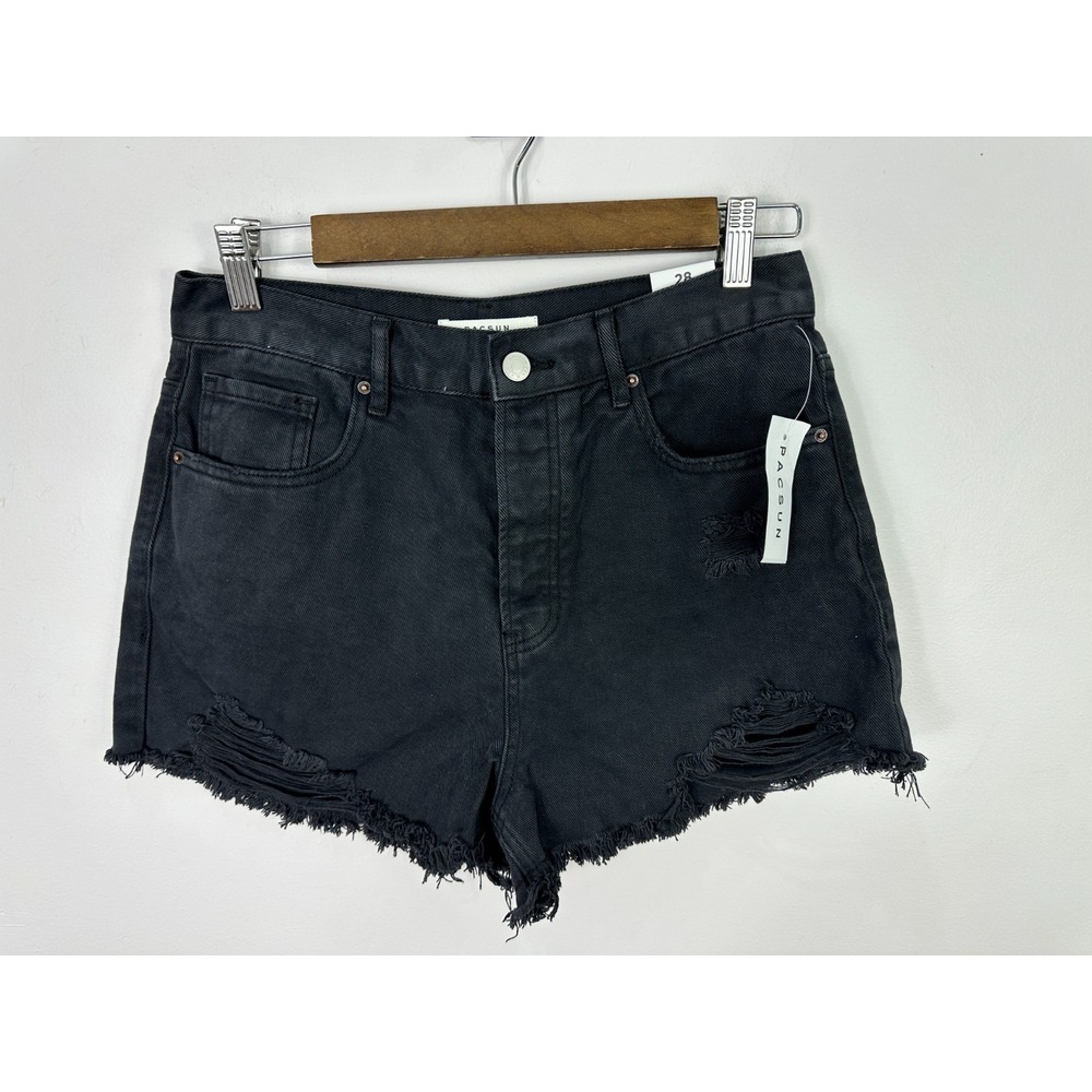 PacSun Denim Shorts 28 Black Vintage High Rise Distressed Raw Hem Y2K Grunge